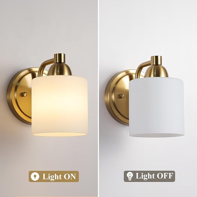 Gold Milk Glass Wall Sconces, 1 Pack Hardwired Indoor Wall Light Fixtures for Living Room, Hallway, Bedroom, Ceramic E26 Sockets (Bulbs Not Included)