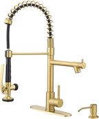 Fapully Commercial Kitchen Sink Faucet with Pull Down Sprayer Brushed Gold Single Handle Faucets for Kitchen Sink, Kitchen Faucet with Soap Dispenser and Deck Plack for 4 Hole