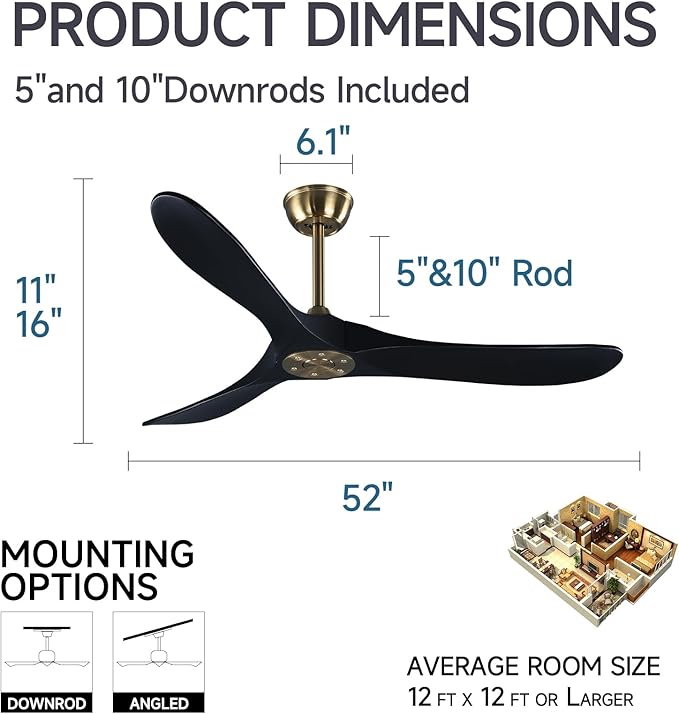 52" 3 Blade Ceiling Fan Without Light, Farmhouse Rustic Wooden Flush Mount Ceiling Fan no Light with Remote for Indoor/Outdoor - High End Silent Operation, Black & Gold, 52 Inch