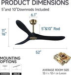52" 3 Blade Ceiling Fan Without Light, Farmhouse Rustic Wooden Flush Mount Ceiling Fan no Light with Remote for Indoor/Outdoor - High End Silent Operation, Black & Gold, 52 Inch