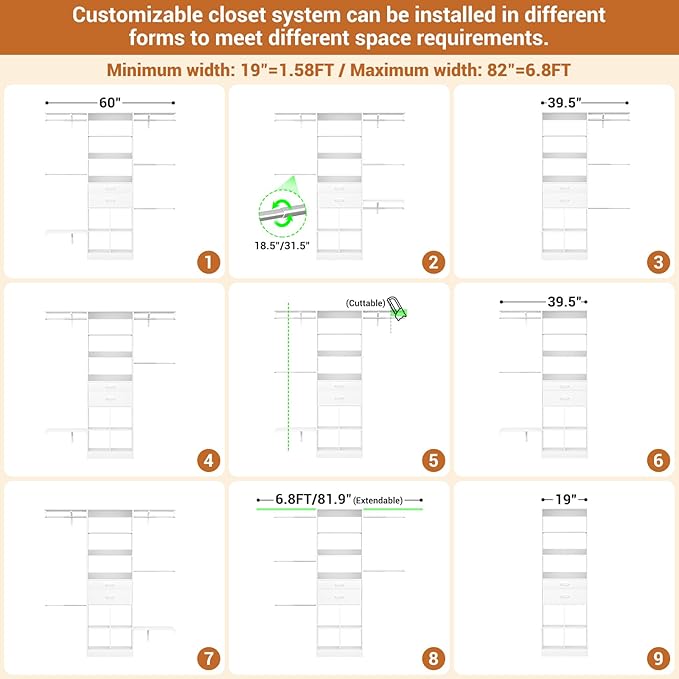 5FT Closet Organizer System with Wooden Drawers, 60 Inches Walk In Closet System With 5 Hanging Rods, Can Fit 1.58 to 6.8 FT with Reversible Hanging Shelving, White