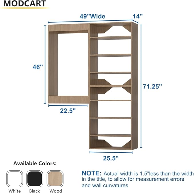 Modular Closet System, 49" Wide Organizer With Towers and Hanging, Wood Storage for Walk In Closets, Wall Mounted Wardrobe Kit, Bedroom