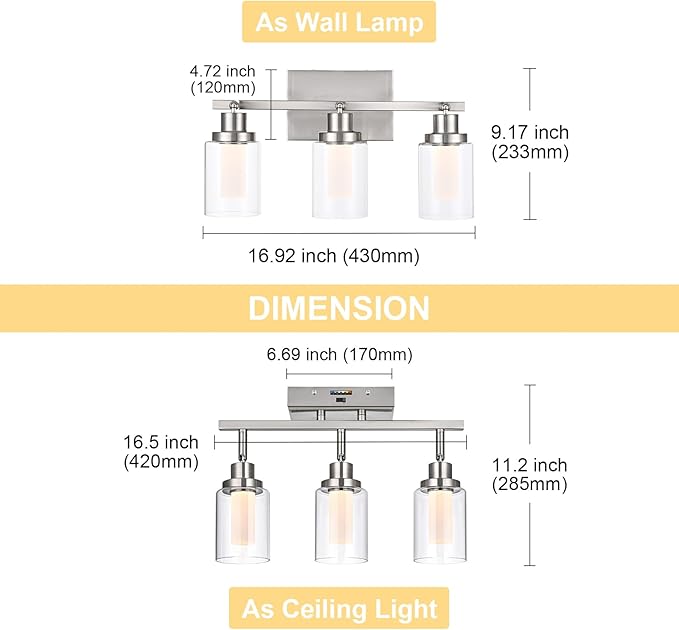 3-Light LED Dimmable Track Lighting Ceiling Fixtures, 5-Color Temperature Brushed Nickel Wall Lamp Spotlight with Integrated LED Chips & Clear Glass Shade & Frosted Column