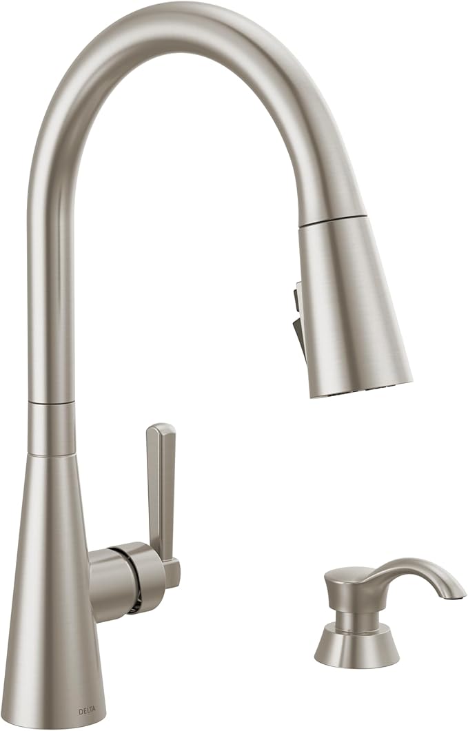 Delta Boyd Brushed Nickel Kitchen Faucet with Pull Down Sprayer and Soap Dispenser, Modern Single Hole Kitchen Sink Faucet, Single Handle, SpotShield Stainless 19893Z-SPSD-DST