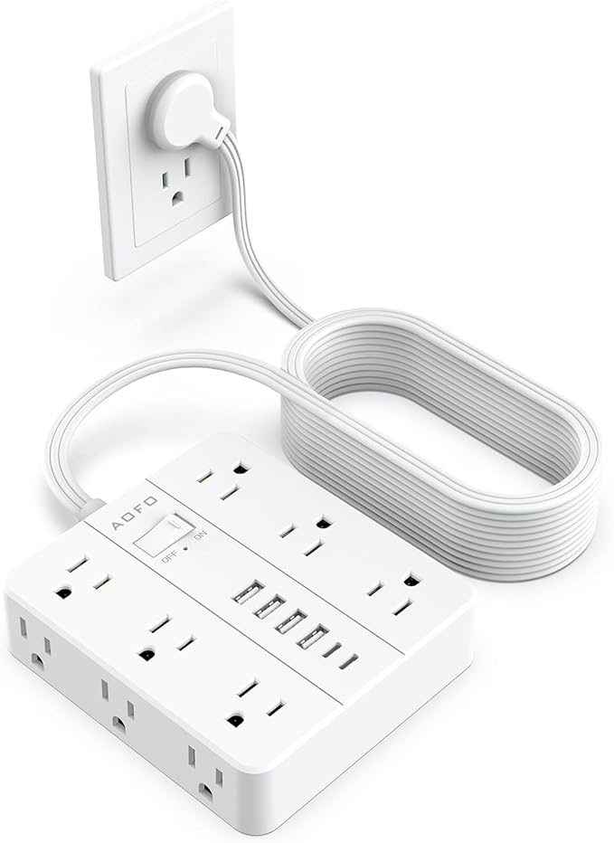 20FT Surge Protector Power Strip,12 AC Outlets with 6 USB Ports (2 USB-C), Flat Plug Extension Cord with Multiple Outlets, Wall Mount for Home Office,Dorm, White