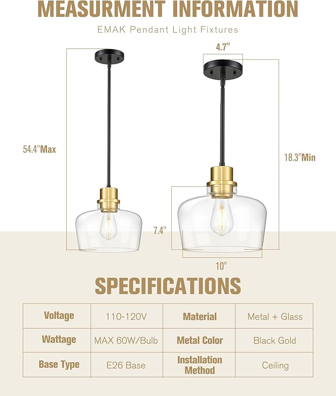 Emak 10 Inch Large Glass Pendant Lights Kitchen Island, Black and Gold Pendant Light Fixtures, Modern Farmhouse Island Lights for Kitchen, Dining Room, Bathroom, PL126-BKBGD-CG