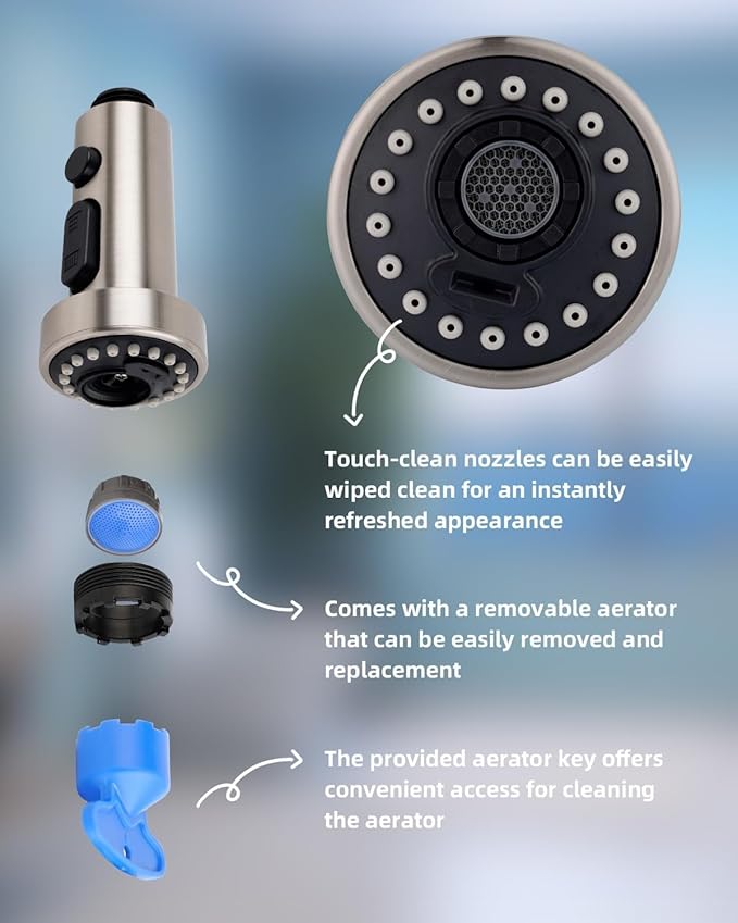 Hibbent Pull Down Kitchen Faucet Head Replacement, 3 Function Sink Faucet Sprayer Head Nozzle with 15 Adapters, Compatible with Moen, American Standard, Delta, Kohler Faucets, Brushed Nickel