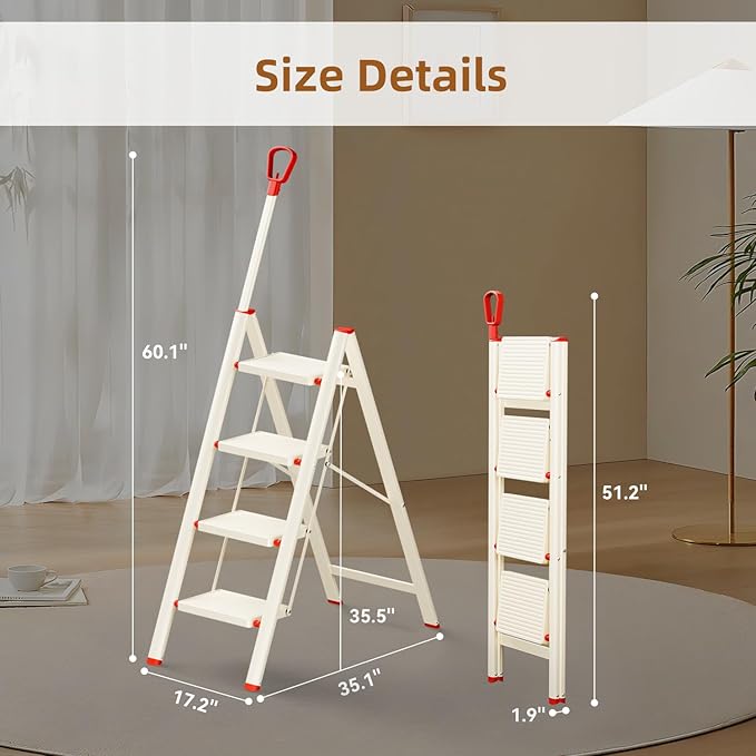 ASPERALD 4 Step Ladder with Single-Handrail,Foldable Step Stool with Anti-Slip Wide Pedals for Home Kitchen Closet, Step Ladder 4 Step Folding White