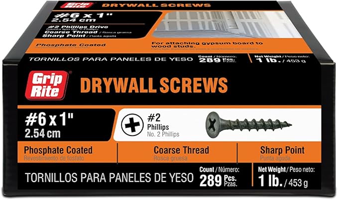Grip-Rite 1CDWS1 #6 X 1" Phillips Bugle Head Coarse Thread Sharp Point Drywall Screw, 1lb Box