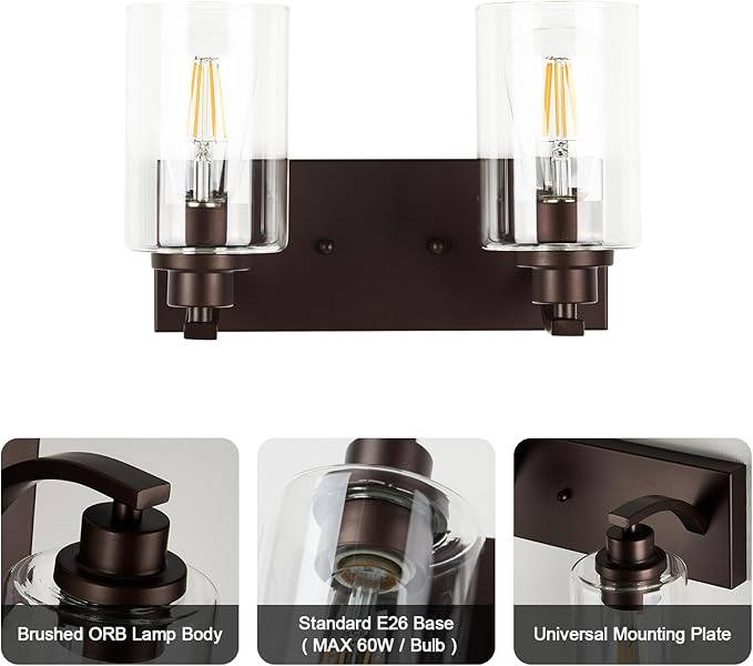 2-Light Bathroom Light Fixtures Modern ORB Vanity Lights for Bathroom Lighting Fixtures Over Mirror with Clear Glass Shade for Cabinet Mirror Bedroom Hallway