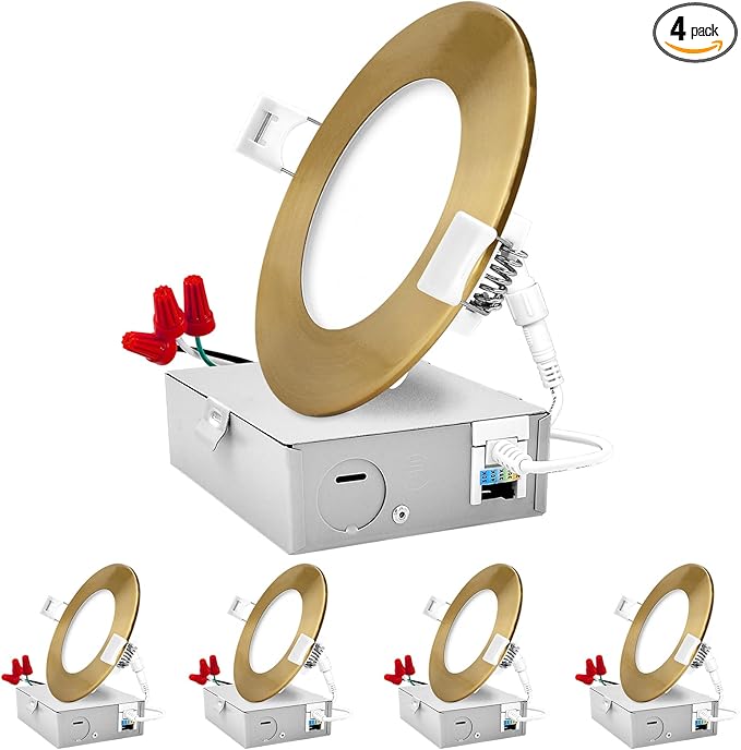 LUXRITE 4 Inch Ultra Thin LED Recessed Light with J-Box, 10W, 5 Color Options 2700K | 3000K | 3500K | 4000K | 5000K, Dimmable Wafer Lights, 750 Lumens, Brass Trim, Energy Star, IC Rated (4 Pack)