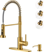 Kitchen Sink Faucet with Soap Dispenser: Brushed Gold Kitchen Faucets with Pull Down Sprayer - Stainless Steel Single Handle Kitchen Faucet with Deck Plate for Farmhouse RV Laundry