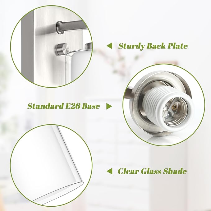 Set of 2 Wall Sconces for Bathroom, Modern Vanity Light Fixtures, Nickle Wall Mount Lighting Lanterns, Farmhouse Wall Lights with Double Clear Glass Shade for Bedroom Living Room Mirror Hallway