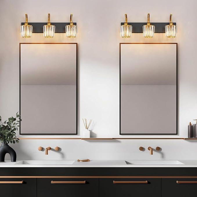 Modern Bathroom Vanity Light, 3-Light Black Gold Wall Sconce with Crystal Accents, Over Mirror Bathroom Lighting Fixture, 23.62" Long Dimmable Vanity Lamp for Makeup, Easy Installation