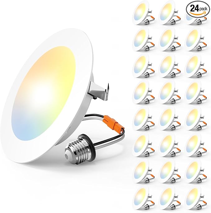 Amico Recessed Lighting 4 Inch, 24 Pack 5CCT Flat LED Can Lights, 2700K/3000K/4000K/5000K/6000K Selectable, 7W Eqv 60W, 700LM Brightness, Retrofit Installation - ETL & FCC