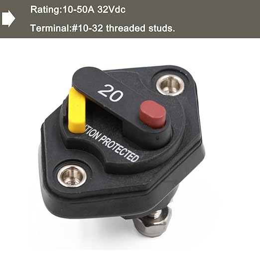 20 Amp Panel Mount Circuit Breaker 12V - 32V DC with Manual Reset Switchable for Boat Marine Car Battery Solar System IP66 20A