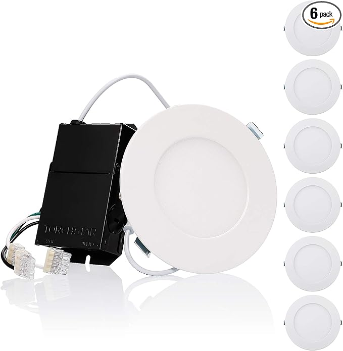 TORCHSTAR Premium Series 4 Inch Ultra-Thin LED Recessed Light with Junction Box, 10.5W Dimmable LED Canless Recessed Ceiling Lights Slim, ETL & ES Listed, CRI90, 4000K Cool White, White, Pack of 6