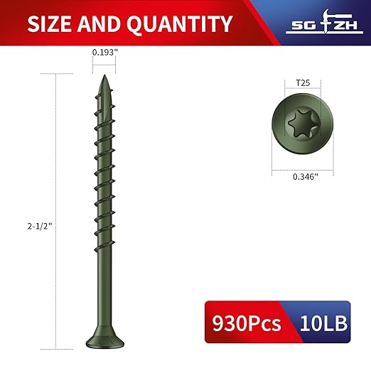 #9 x 2-1/2" Deck Screws (930Pcs) 10lb. Exterior Wood Screws. Carbon Steel, Green, Flat Head, Rust Resistant epoxy Coated, with T25 Star Bit