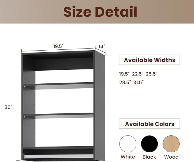 ROOMTEC 19.5" Medium Hanging Closet Unit, Modular Closet System with Hanging Rod, Wardrobe Organizer for Bedroom or Walk-in Closet, Wall Mounted, Customizable Clothes Storage Unit, Black