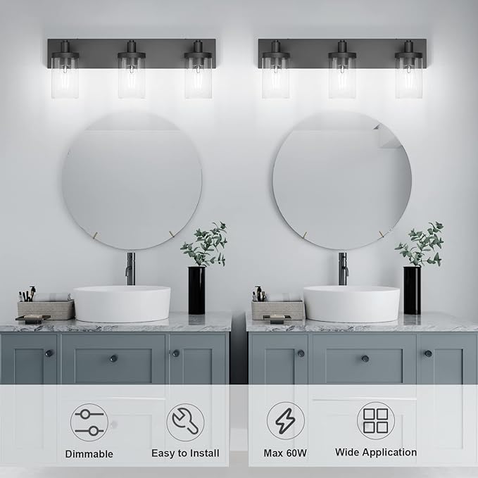 Aipsun Black Vanity Light for Bathroom 3 Light Farmhouse Bathroom Lights Fixtures Over Mirror with Clear Glass Shade(Exclude Bulb)