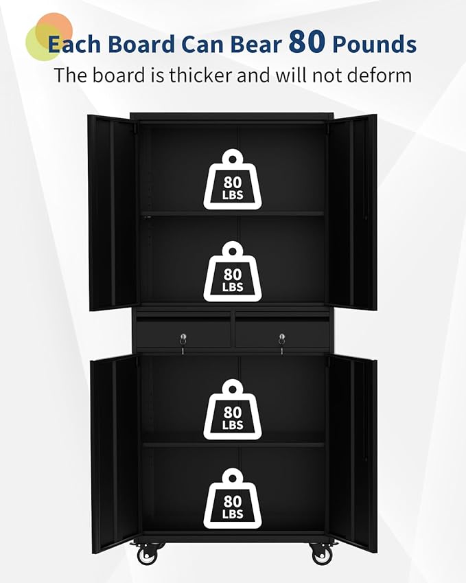 GarveeHome 72" Metal Storage Cabinet with Wheels, Locking Doors & 2 Drawers,Heavy Duty Rolling Garage Organizer with 3 Adjustable Shelves (with Wheels, with 2 Draws)