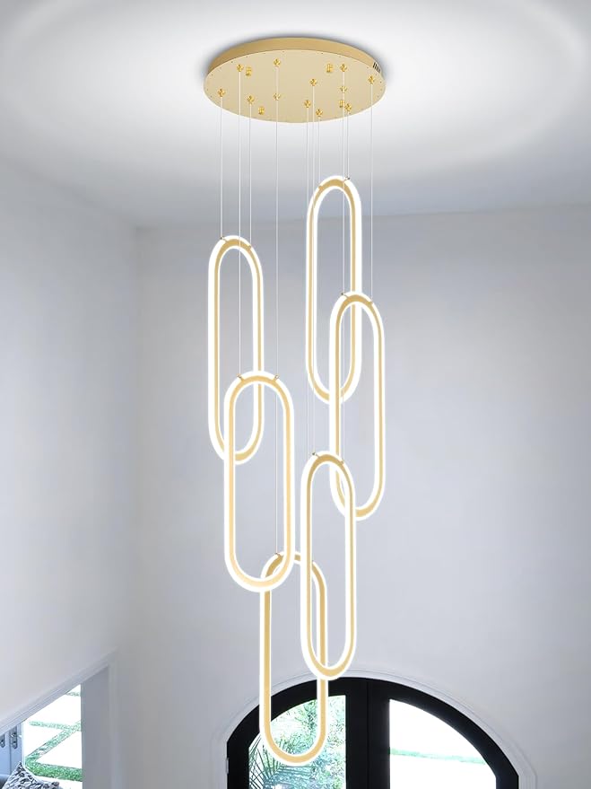 Flashing God Modern Chandelier,Gold Chandeliers 6 Ring Led Foyer Chandeliers,Larger High Ceiling Chandelier for Living Room,Rectangle Chandelier for Entryway Staircase