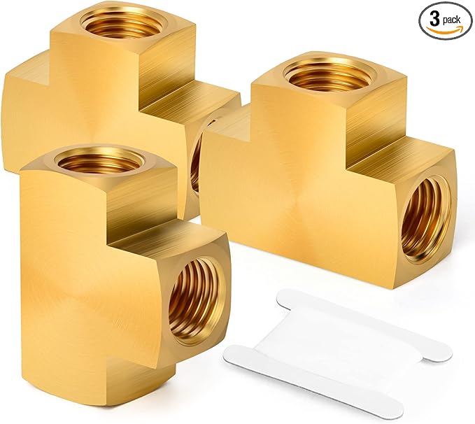 GASHER 3 Pcs Brass Barstock Tee, 3/8" x 3/8" x 3/8" NPT Female Pipe Fittings