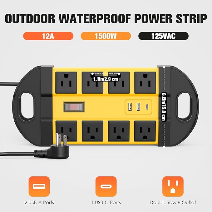 HHSOET Outdoor Weatherproof 8 Outlet Power Strip, IPX6 Waterproof Surge Protector, 2 USB-A 1 USB-C Ports, 6 FT Extension Cord for Outdoor Patio Garden Porch Garage