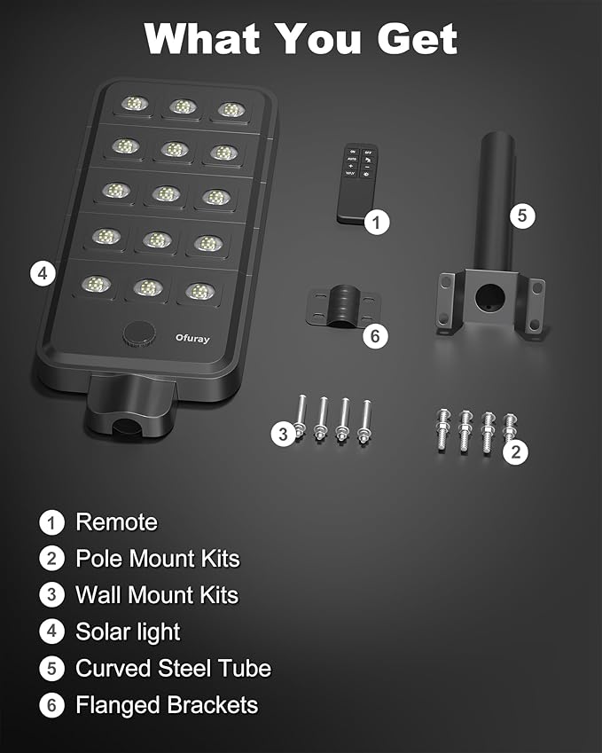 Ofuray Of-15000W Solar Street Lights Outdoor – Super Bright 150 LED, Lights up 3,200 sq.ft with Motion Sensor, 36Ah Power, IP67 Dusk to Dawn Security Commercial Lighting for Court, Parking Lot