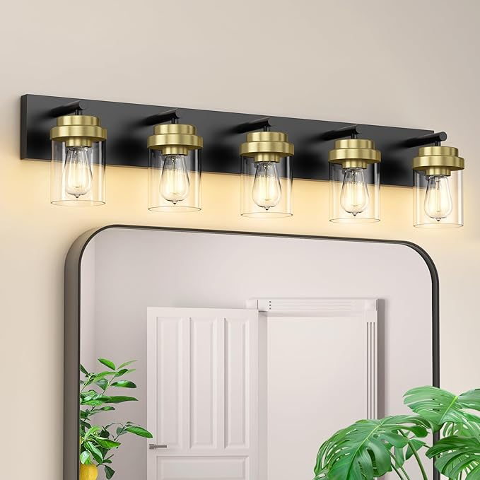 IZORRO Bathroom Vanity Light Fixture, 5-Light 36 Inch Black and Gold Bathroom Light Fixtures Over Mirror, with Clear Glass Shade, Modern Farmhouse Vanity Lights, Rustic Restroom Lighting Fixtures