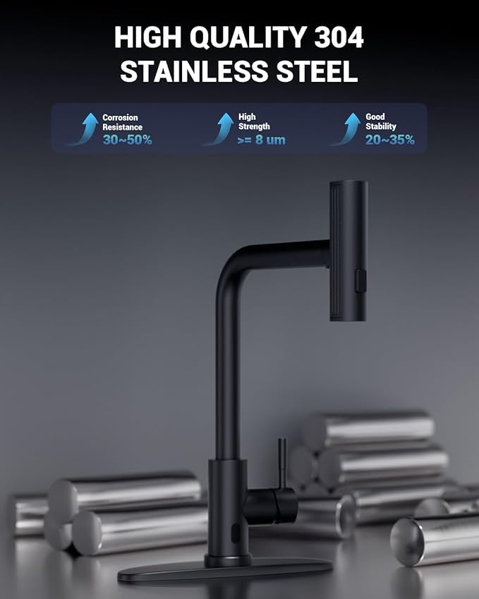 APPASO Touchless Kitchen Faucet with Pull Down Sprayer Matte Black, Waterfall Touchless Motion Sensor Hands-Free, Single Handle for 1 or 3 Holes Sink, Stainless Faucet Black with Easy Installation