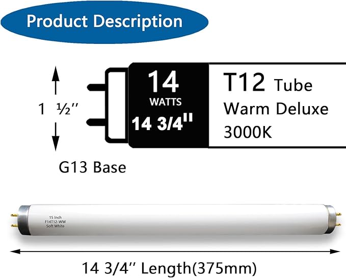Valoisa 15 Inch F14T12 14 Watt T12 Soft White Fluorescent Bulb,14-Watt 14 3/4-Inch T12 Under Cabinet Light Bulb,3000K,G13 Base,3 Pack