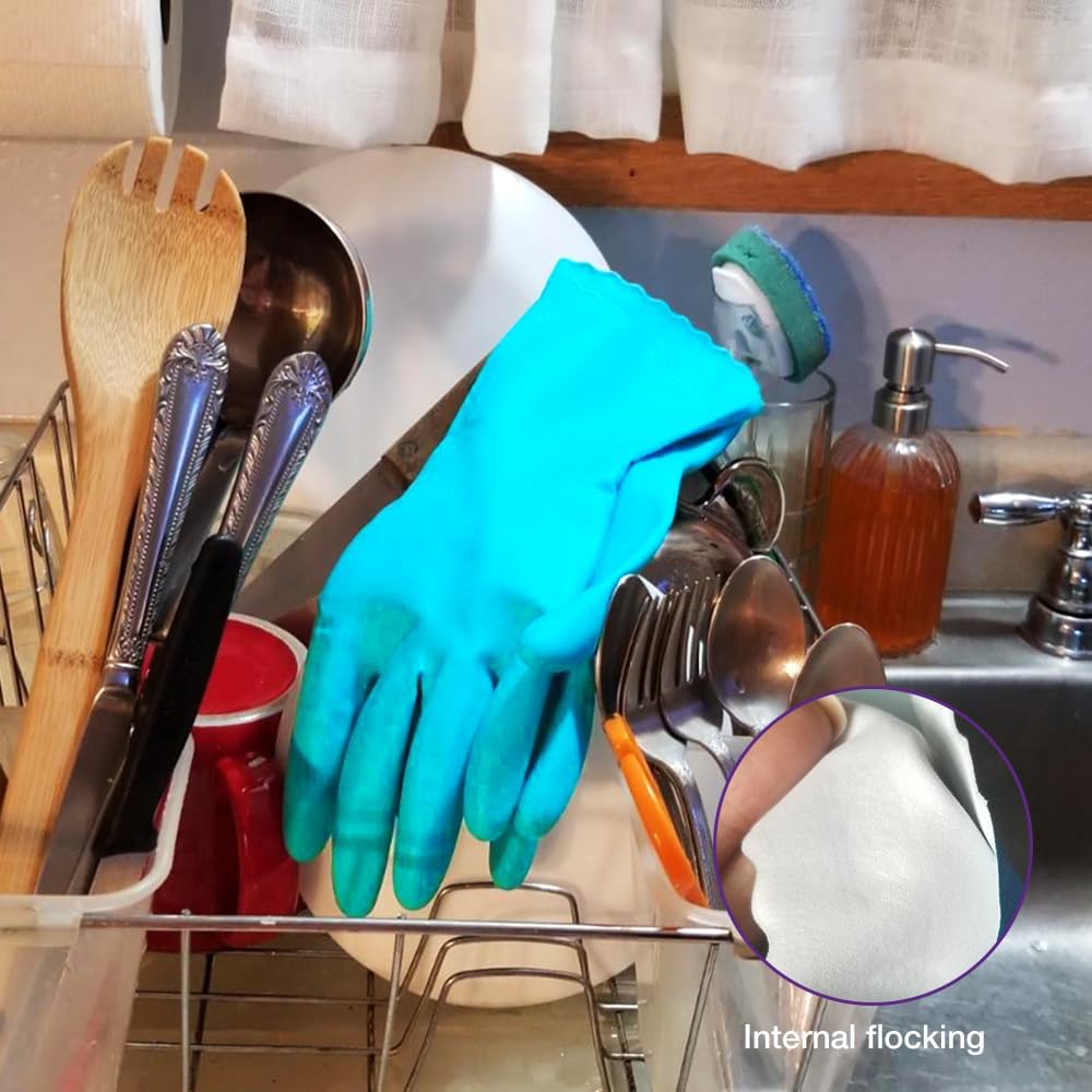 Alimat PluS 4PCS Reusable Cleaning Gloves Latex Free, Dishwashing Gloves with Cotton Flock Liner and Embossed Palm, Waterproof Household Rubber Gloves for Laundry, Gardening(Medium, Blue+Purple)