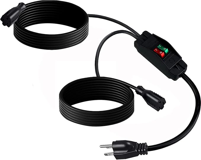 2 Way Extension Cord with On/Off Switch 3 Prong Outdoor Extension Cord Splitter, Heavy Duty Extension Cord with SJTW 14AWG 15A/125V and 18AWG 10A/125V(10 Ft, Black)
