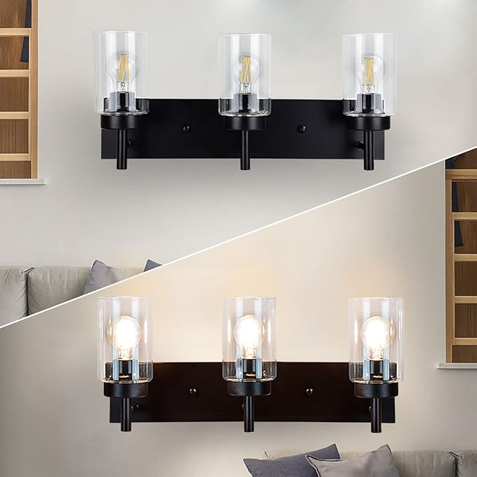 DLLT Wall Light Fixture, Vintage Bathroom Vanity Light with 3 Clear Glass Shade, Wall Sconces Lamp for Powder Room, Hallway, Kitchen, Mirror, Laundry Room (E26 Base)