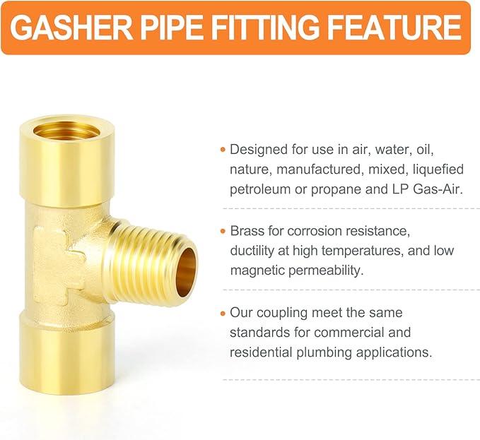 GASHER 2PCS Brass 3 Way Pipe Fitting Male Branch Tee T Adapter 1/4" NPT Female x 1/4" NPT Male x 1/4" NPT Female