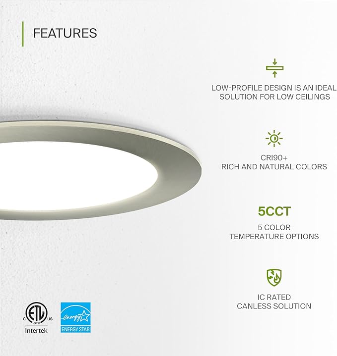 ASD 6 Pack LED Recessed Lighting 6 Inch 12W, 5 CCT 2700K-5000K CRI90+, IC Rated Ultra Thin Dimmable Ceiling Lights with J Box, Canless Wafer Downlight, Round Slim Panel Light, Energy Star ETL, Nickel