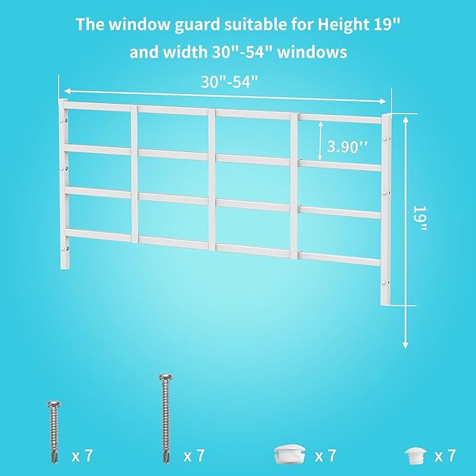 Fixed Window Safety Guard 19”x 54” Adjustable Width Prevents Accidental Falls, Non-Egress, Tamper Resistant Screws Included, White, Single Pack