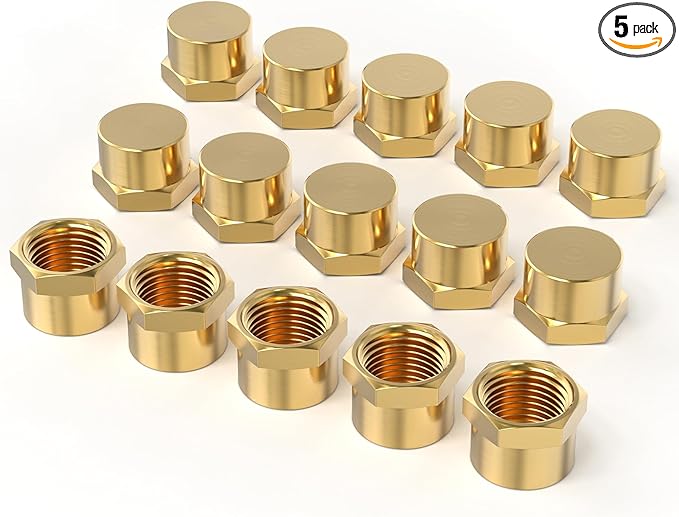 GASHER 3/8"NPT Brass Pipe Cap, NPT Female Thread Socket Pipe End Cap Plugs Fitting 5PCS