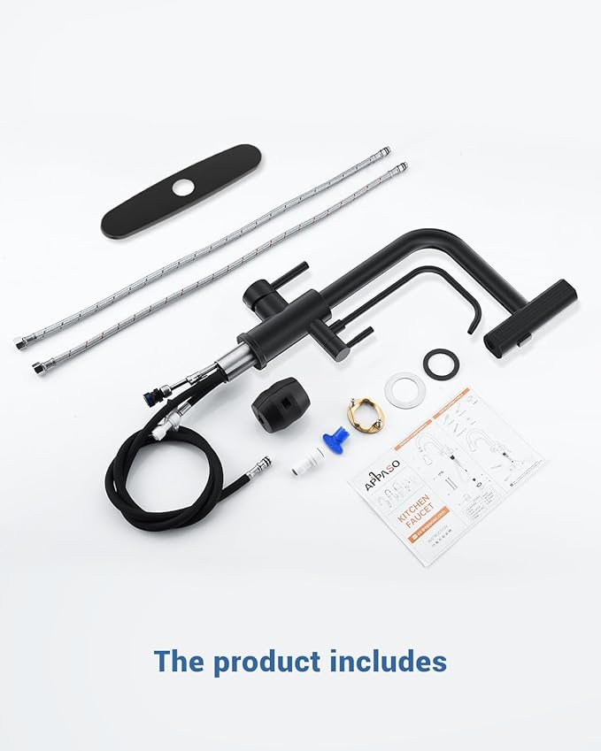 APPASO Kitchen Faucet with Water Filter, 2 Handle Waterfall 3 in 1 Kitchen Faucet, Black Kitchen Sink Faucet, 3 Hole Kitchen Faucets with Pull Down Sprayer (Without Water Filtration Device)