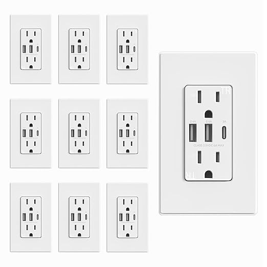 ELEGRP USB Outlets Receptacles, 3-Port Wall Outlet, 30W 6.0A Electrical Outlet, 15 Amp Tamper-Resistant Outlet with Type C Ports, UL Listed, Screwless Wall Plate Included, 10 Pack, Matte White