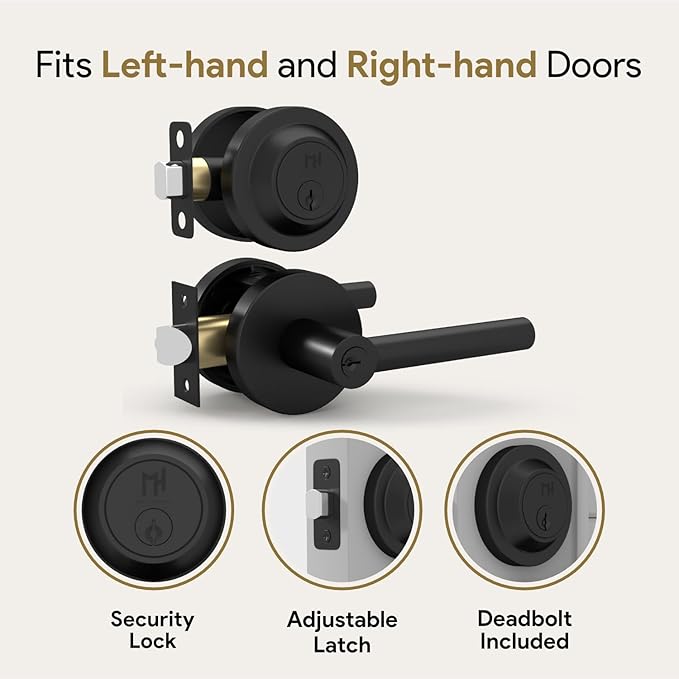 Mega Handles Ronn Entrance Combo, Entry Lever Door Handle and Single Cylinder Deadbolt Lock and Key, Heavy Duty Door Levers Set for Left or Right-Handed Doors - Matte Black (2 Pack) Keyed Alike