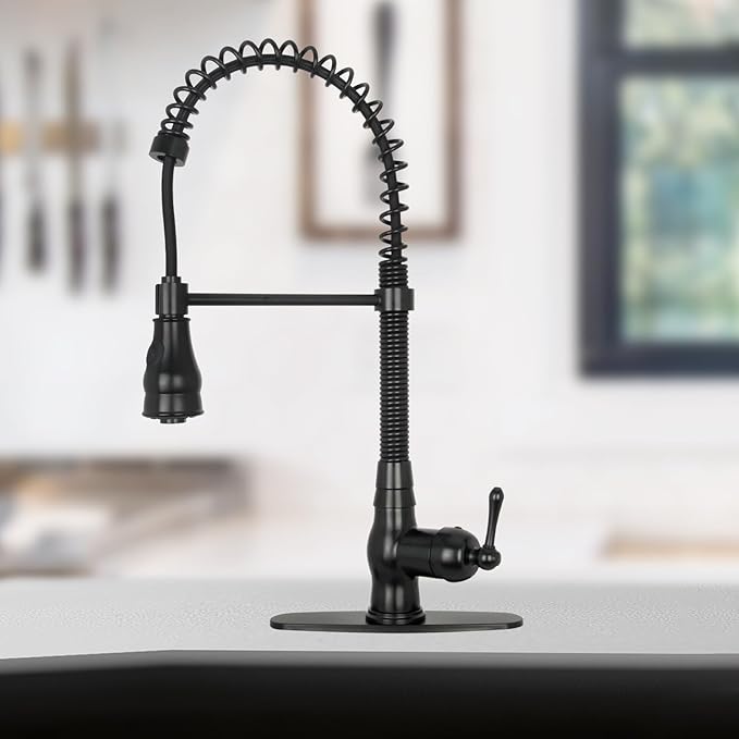 Akicon Pre-Rinse Spring Kitchen Faucet, Single Handle Solid Brass High Arc Pull Down Sprayer Head Kitchen Sink Faucet with Deck Plate