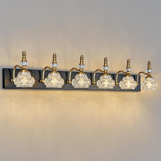 6-Light Vintage Bathroom Vanity Light Fixture Industrial Black Gold with Glass Shade Vanity Light Fixtures Over Mirror Glass Bathroom Vanity Lighting Fixtures G9 Bulb Wall Lights