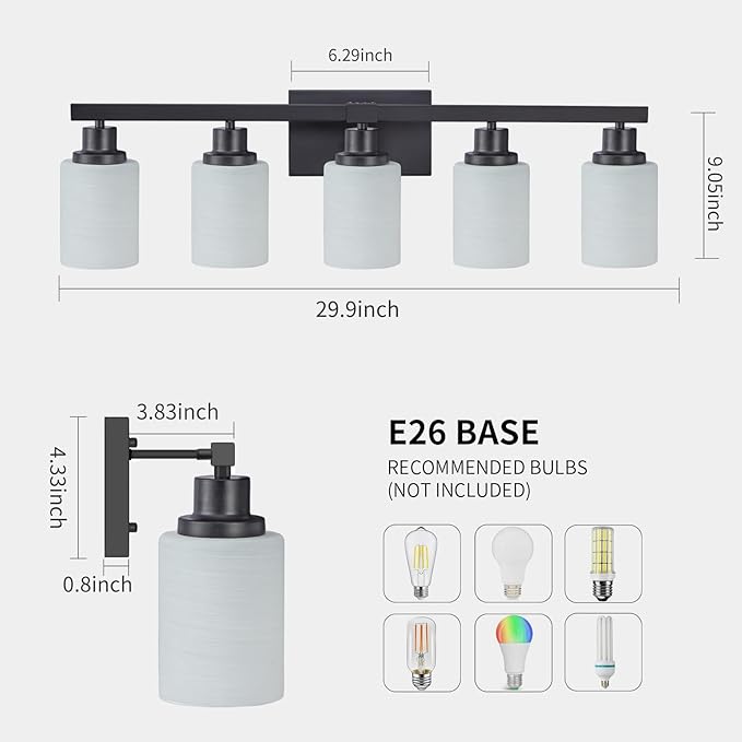 Bathroom Vanity Light, 5-Light Vanity Lighting Fixture Over Mirror for Bathroom, 30" Matte Black Wall Light Fixture, Wall Sconces with Frosted Glass Shade for Mirror Bedroom Living Room