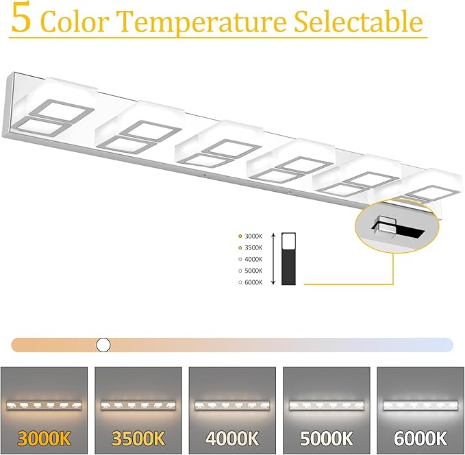 Ralbay Modern Chrome Bathroom Vanity Lights 5 Color Temperature 6 Lights Dimmable Acrylic Modern LED Bathroom Vanity Lighting Fixtures Chrome