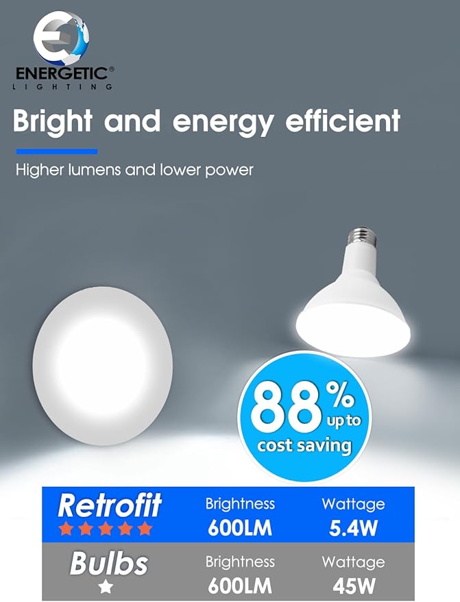 Energetic 12 Pack 4 Inch 5CCT Retrofit Recessed Ceiling Lighting, LED Can Lights, Dimmable Downlight, 5.4W, Equivalent 45W, 2700K/3000K/4000K/5000K/6500K Selectable, Damp Rated, Baffle Trim, ETL