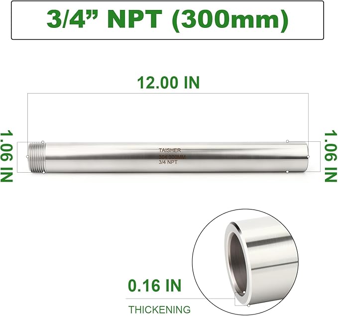 TAISHER 1PCS 304 Stainless Steel Pipe Fittings, 3/4" NPT Male Threaded, 12" Length Weld Nipple Cast Pipe