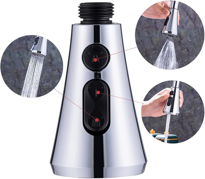 Universal Kitchen Faucet Replacement Pull Down Sprayer with 3-Spray Modes & 16 Adapters - Compatible with Moen, Kohler, and Delta and Sink Faucets (Chrome silver)