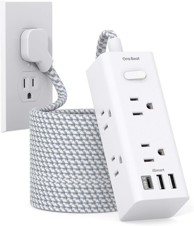 25 Ft Extension Cord with Multiple Outlets - One Beat Flat Plug Power Strip Surge Protector with 25 Ft Long Cord, 6 Outlet 3 USB Ports (1 USBC), Multi Outlet Wall Plug Home Office Dorm Room Essentials